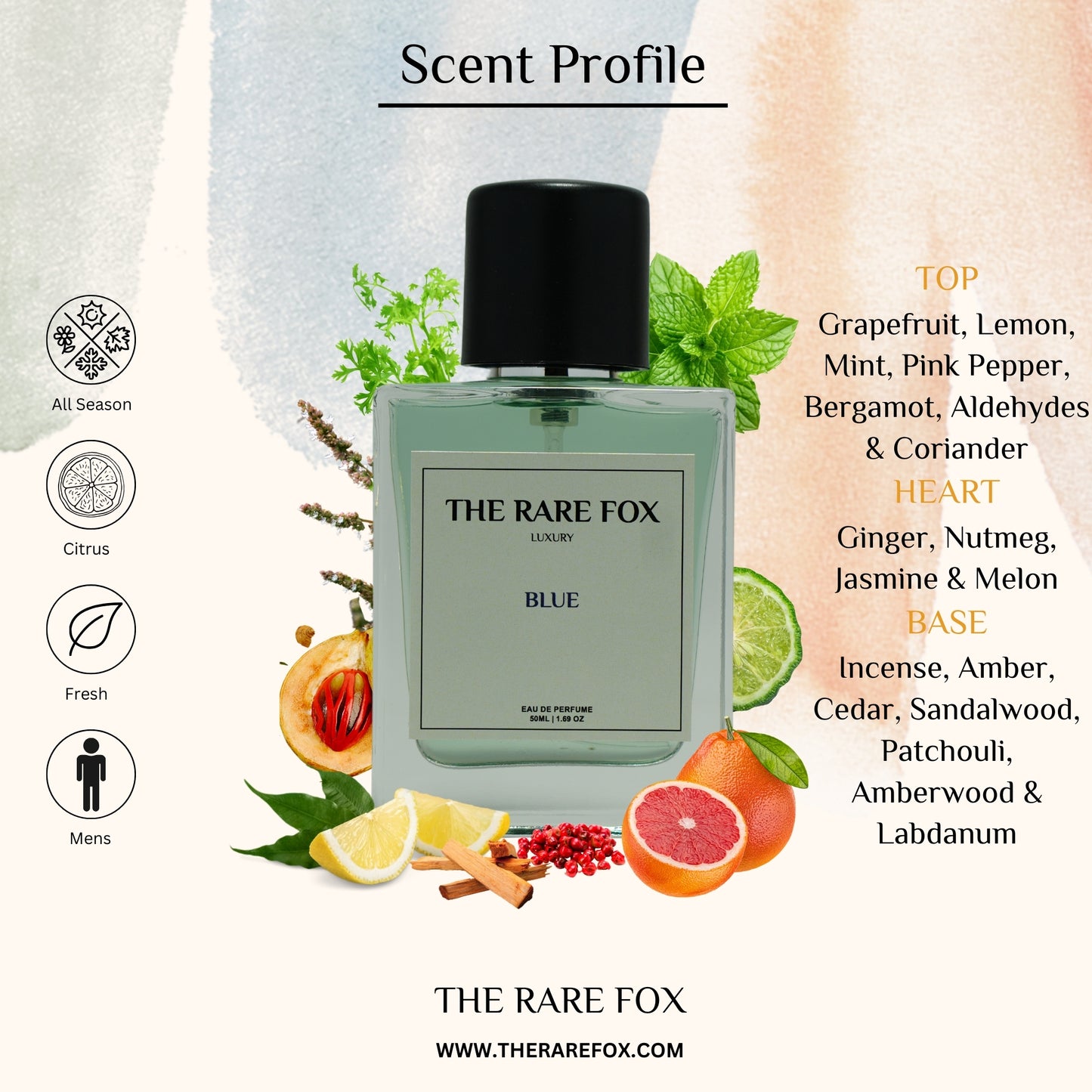 The Rare Fox BLUE Eau de Parfum | Fresh, Woody & Sophisticated Fragrance for Men | 50 ML/100 ML