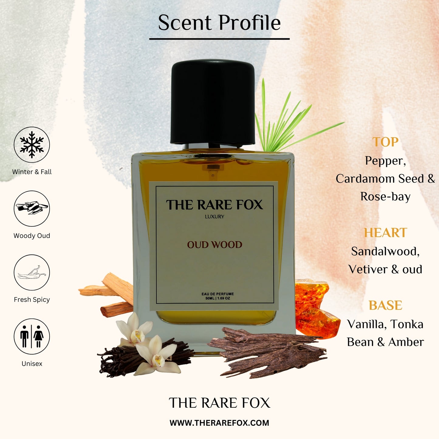 The Rare Fox OUD WOOD Eau de Parfum | Warm, Smoky & Luxurious Fragrance for Men & Women | 50 ML/ 100ML