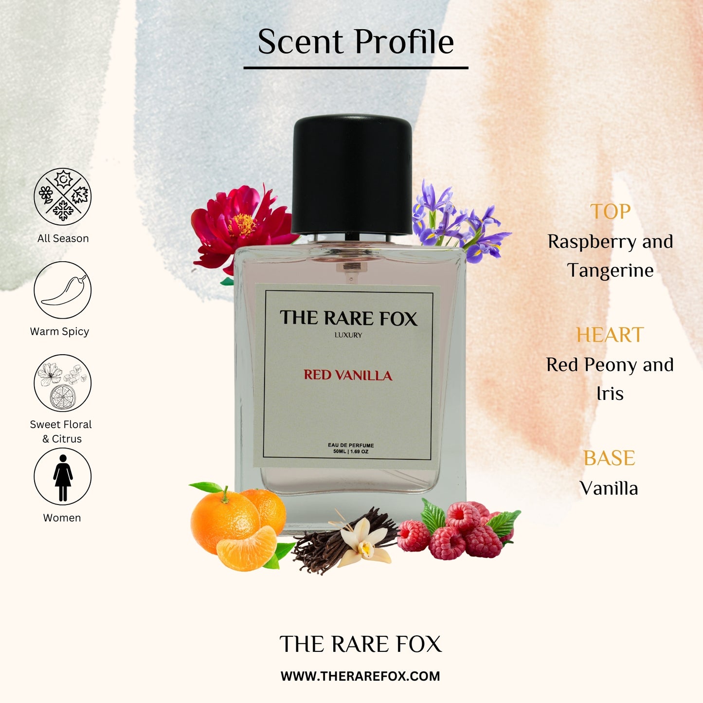 The Rare Fox RED VANILLA Eau de Parfum | Sweet, Floral & Sensual Fragrance for Women | 50 ML/ 100 ML